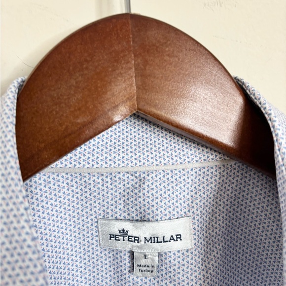 Peter Millar striped short sleeve button down shirt size L blue white patterned - Picture 2 of 3